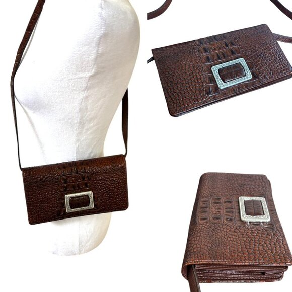 VINTAGE BRIGHTON BROWN LEATHER CROC SHOULDER PURSE BAG LIKE NEW - Picture 2 of 4